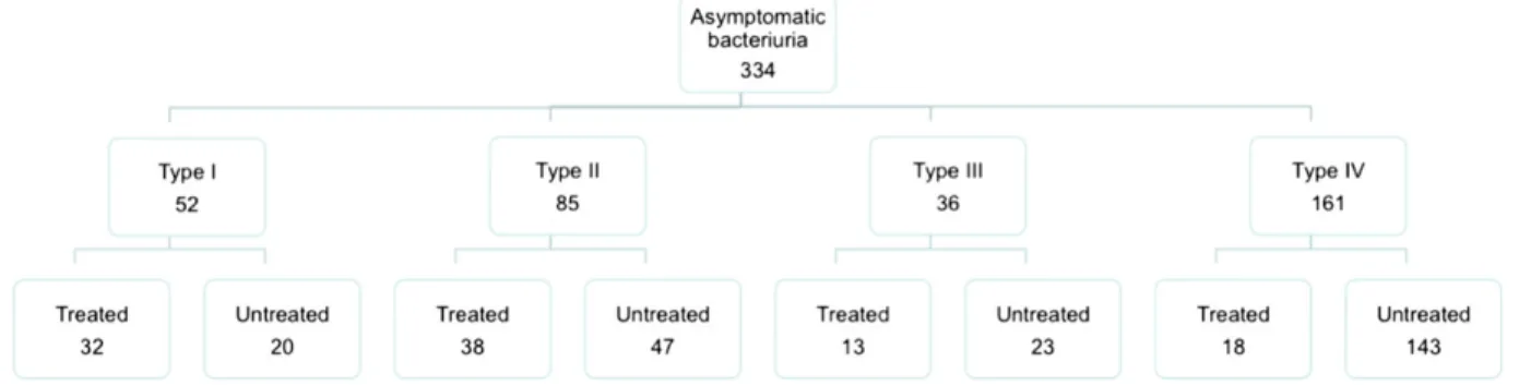 Fig. 1. Flow chart of types and treatments of 334 asymptomatic bacteriuria episodes.