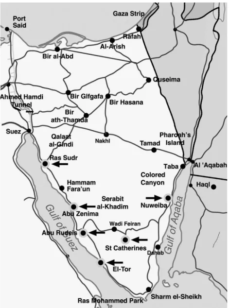 Fig. 1. Map of Egypt’s Sinai Peninsula. The arrows point to the studied areas. URL: