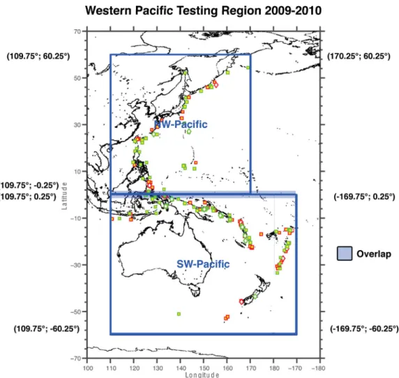 Figure 1. A sketch of the two test regions and their overlap, together with the target earthquakes for 2009 (red) and 2010 (green).