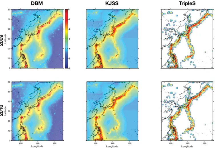 Figure 2. The maps show the base-10 logarithm of the forecast rates for each of the three models in the NW Pacific test region for 2009 (top row) and 2010 (bottom row)
