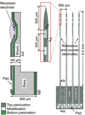 Figure 1 Layout of the microprobe comb consisting of four identical  shanks of 6.5 mm length, each comprising two recessed 50 μm ×  150 μm working electrodes (zoomed view) and one 40 μm ×  500 μm  electrode, used either as reference or counter electrode.