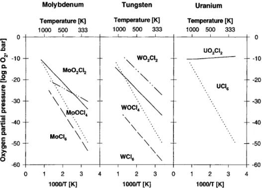Fig. 4. Oxygen partial pressures as a function of temperature for equilibrium conditions (see text)