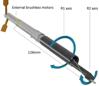 Figure 6. The new ES-CH fibre positioner. This prototype has a diameter of 8 mm and 165-mm long aluminium body (including motors), it is driven by two 4-mm DC-brushless gearmotors and makes the placing of the fibre tip through two angular degrees of freedo