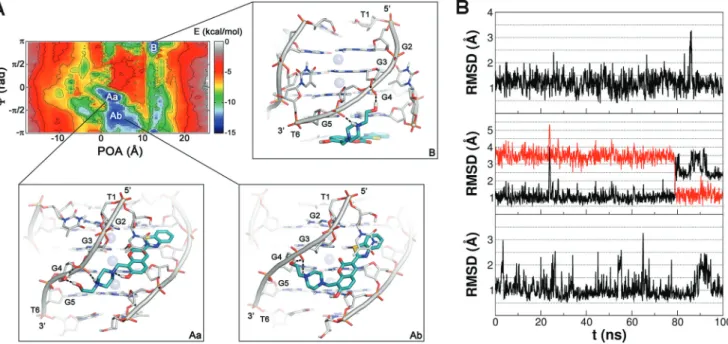 Figure 4. (A) Representation of the binding FES of 1 to [d(TGGGGT)] 4 with the lowest free-energy conformations shown as insets, Aa, Ab, and B