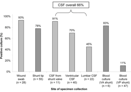 Figure 2. Rate of positive culture results by specimen collection site. VA, ventriculoatrial; VP, ventriculoperitoneal.