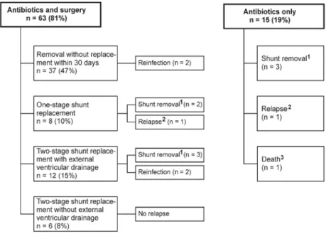 Figure 3. Antimicrobial and surgical treatment strategies and treatment outcomes of CSF shunt–associated infections