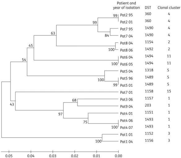Figure 1. Unweighted pair-group method with arithmetic mean (UPGMA) dendrogram of the isolates typed by multilocus sequence typing (MLST)