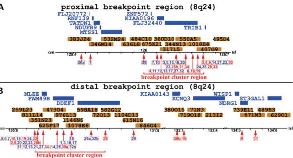Figure 1. Distribution of the PB (A) and DB (B) of the amplicons and location of the PB (A) and DB (B) cluster regions in the 34 AML/MDS cases with MYC-containing dmin