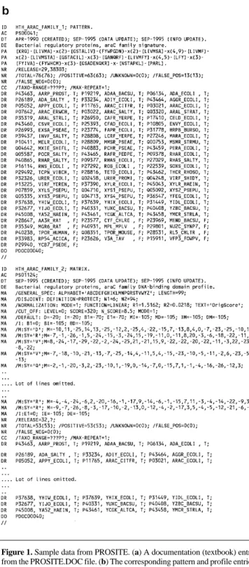 Figure 1. Sample data from PROSITE. (a) A documentation (textbook) entry from the PROSITE.DOC file