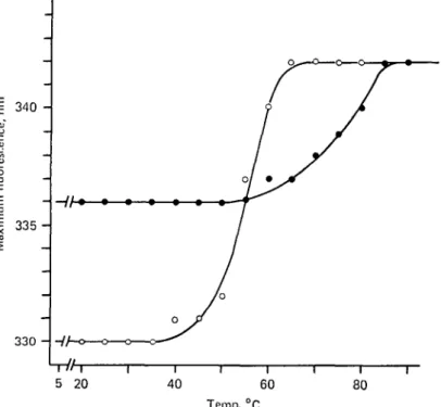 Fig. 2. Wavelengths of maximum fluorescence of lactoferrin (If,  • ) and apo-lactoferrin (apo-lf, O), as a function of temperature
