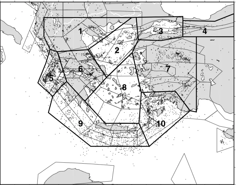 Figure 8. The 10 tectonic areas used to define the earthquake recurrence parameters. Superimposed are the SESAME sources and seismicity (dots) of the historical catalogue CAT1 (Table 1).