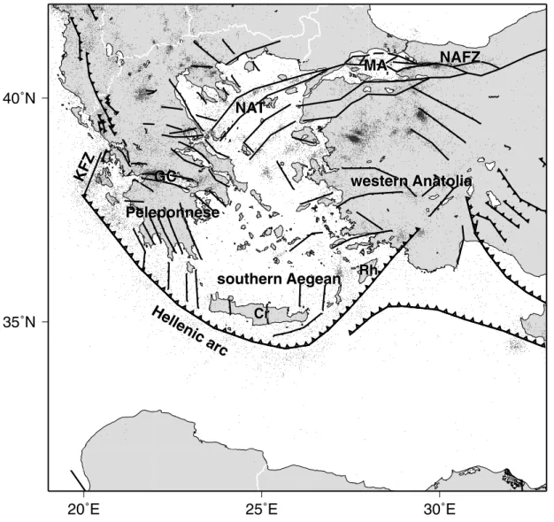 Figure 1. Tectonic setting of the study region showing major faults (after Kahle et al