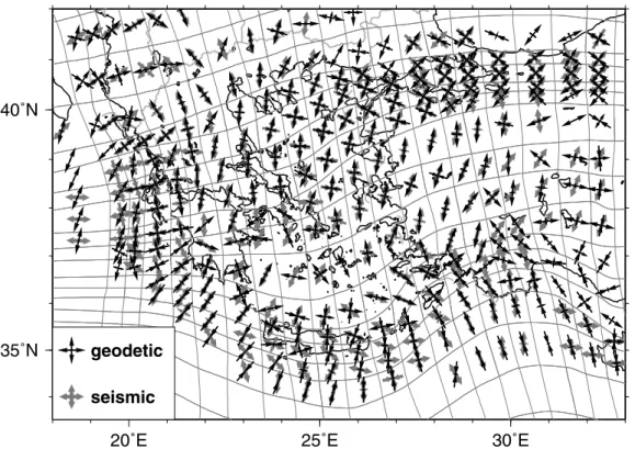 Figure 5. Comparison of the direction of the principal strain rate axes of the unit moment tensors inferred by summing events of the CMT catalogue up to M w = 6.5 (in grey) and obtained by the inversion of GPS data in Fig