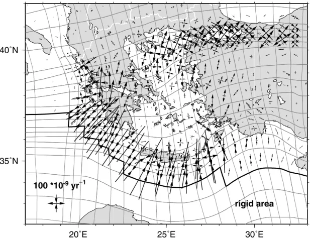 Figure 7. Principal horizontal axes of the total geodetic strain rate field obtained with the method of Haines &amp; Holt (1993) from fitting the GPS velocities plotted in Fig