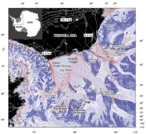Fig. 1. Weddell Sea embayment (WSE) indicating the sampling locations next to the Rutford and Institute ice streams
