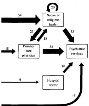 FIG. 7. Median delays in weeks between onset of problem and seeing first carer; and between seeing first carer and arrival at the mental health services (MHS).