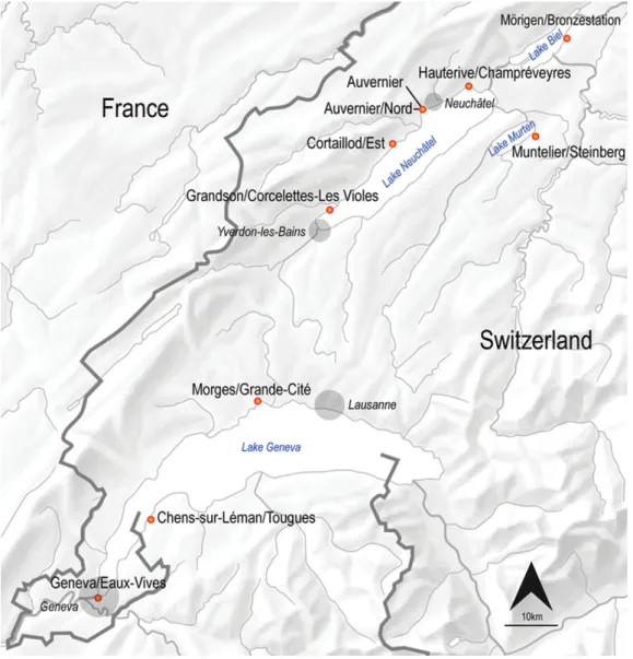 Figure 1. Late Bronze Age pile dwellings of western Switzerland, which provided a sample of more than 17 000 bronze objects (map base: Swisstopo, 2005).c