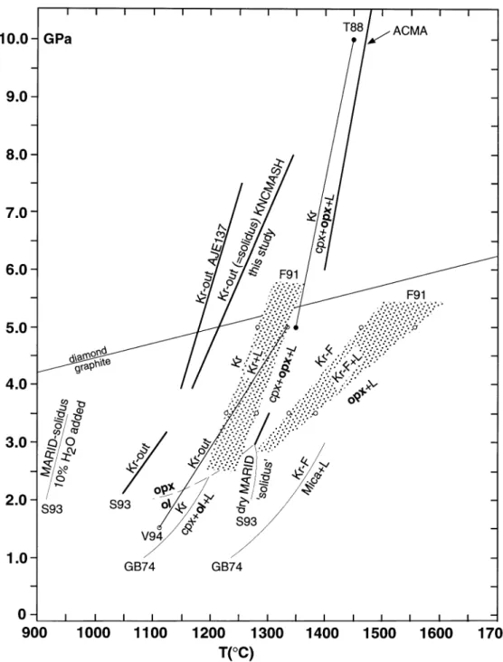 Fig. 7. P–T diagram summarizing experimental results on K-richterite stability in various bulk compositions: S93—Sweeney et al