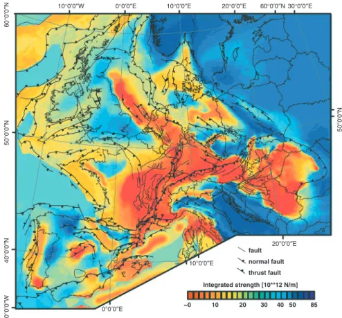 Figure 10. Integrated strength map for intraplate Europe (after Ref. 5), showing main structural features (after Refs 3, 30)
