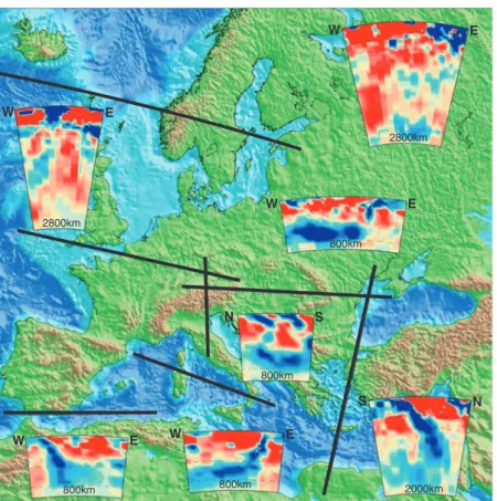 Figure 5. Tomographic cross-sections through key parts of the European continent (after Ref