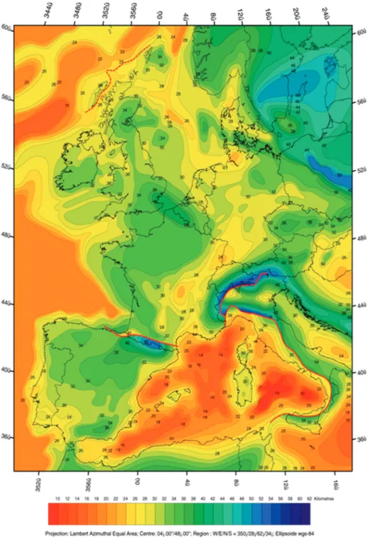 Figure 6. Depth map of Moho discontinuity (2 km contour interval), constructed by integrating published regional maps (after Ref