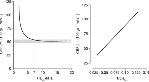 Fig 1 The in¯uence of arterial oxygen content (Ca O 2 ) and arterial partial pressure of oxygen (Pa O 2 ) on cerebral blood ¯ow (CBF)