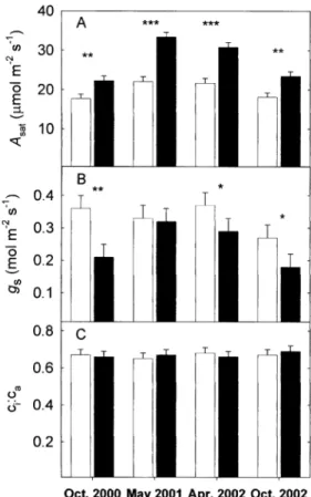 Fig. 3. (A) Maximum in vivo Rubisco activity (V c,max ), and (B) maximum in vivo electron transport rate (J max ) of T