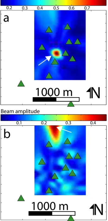 Figure 7. Grid search for matched field processing (MFP) of a 2-hr noise segment recorded on 2011 August 2
