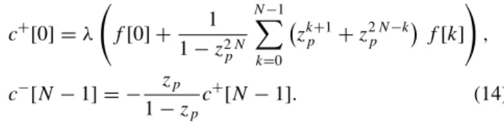 FIGURE 3. The causal and anti-causal filters can be implemented as recursive filters. The top drawing represents the causal filter and the bottom drawing is the anti-causal filter, whereby l = N − 1 − k.