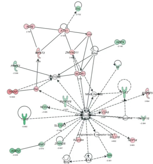 Fig. 5. The most significant network with the indicated genes corresponding to mRNA exhibiting .2·0-fold up- and down-regulated levels following dietary sup- sup-plementation of propyl thiosulphinate oxide/propyl thiosulphinate compared with non-supplement