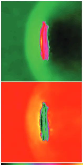 Figure 4. Density (upper panel) and temperature (bottom) map of a 50 × 50 kpc 2 region around the satellite, which is moving towards the left of the page nearly face-on (inclination angle i = 10 ◦ , cool10)