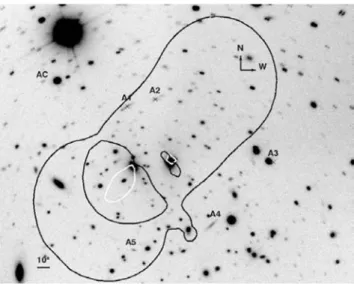 Figure 1. VLT-FORS1 image of the cluster RX J1347−1145. The black lines are the critical lines for the bimodal model (see Section 4) corresponding to the source redshift of Arc A4, z = 1.76