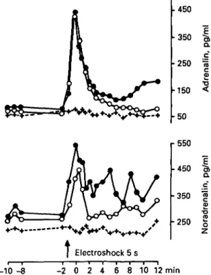 Fig. 1. Mean changes in adrenalin and noradrenalin before and after electroshocks (|; immediately before prestimulation, i.e