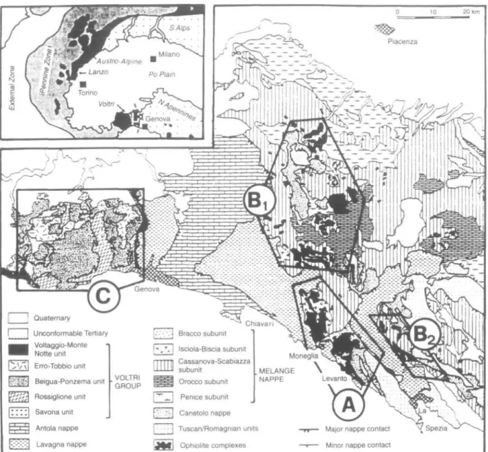 Fig. 1. Tectonic sketch map of the Ligurian Alps and Northern Apennines [redrawn after Hoogerduijn Strating (1991) and Hoogerduijn Strating it al