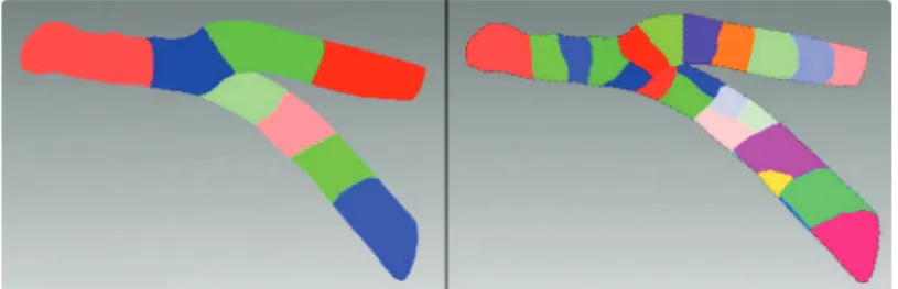 Figure 1: Example of domain partitioning as obtained by the SCOTCH software [12]. The domain represents a bifurcation of a human artery partitioned in 8 (left panel) and 24 (right panel) subdomains.