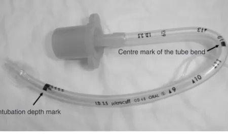 Fig 1 Oral preformed Microcuff PET with distally placed high-volume low-pressure polyurethane cuff (thickness of cuff membrane 10 mm), intubation depth mark, and centre mark at the tube bend.