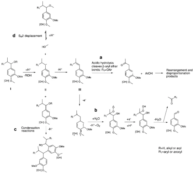 Figure 2 Scheme for reactions of phenolic w OH x and non-phenolic lignin units in acidic media