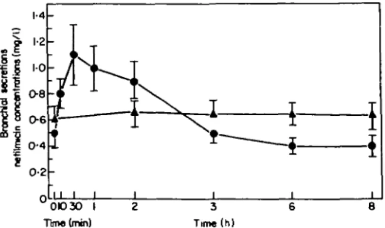 Figure 2. Bronchial secretions netilmicin levels after bolus injection (•)and during continuous infusion (A).