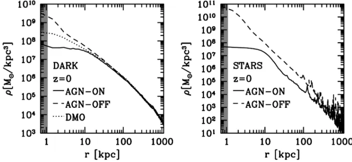 Fig. 1 shows the dark matter and stellar mass density profiles at z = 0 for the AGN-ON (solid line) and AGN-OFF (dashed line) runs; in this plot we use physical units