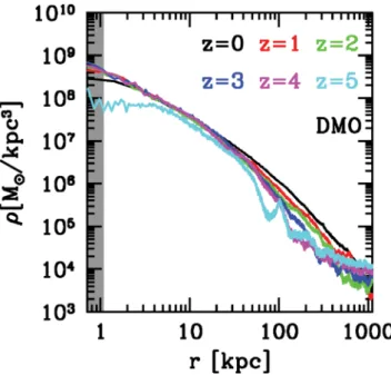 Figure 3. Evolution of the dark matter density profile in the DMO run from z = 5 to 0