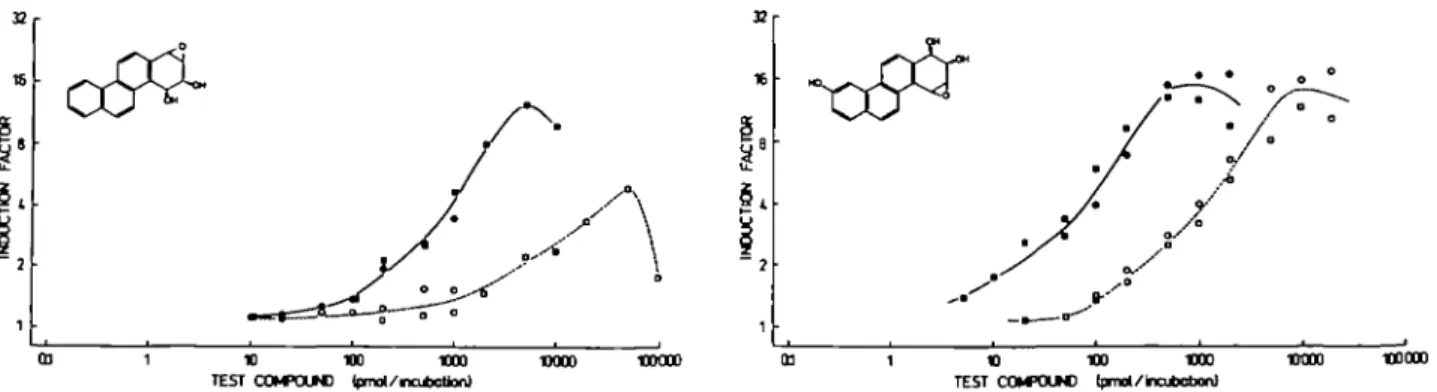 Fig. 5. Induction of SOS response in Escherichia coli PQ37 by anri-diastereomers (solid symbols) and ryn-diastereomers (open symbols) of chrysene-3,4-&lt;liol 1,2-oxides (left) and 9-hydroxychrysene-l,2-diol 3,4-oxides (right)