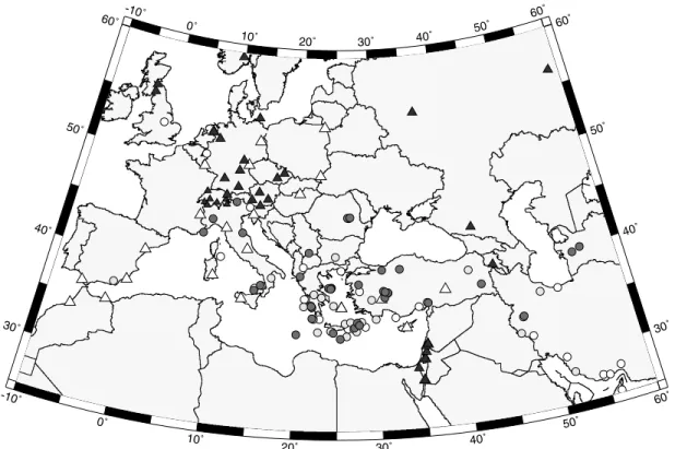 Figure 2. Map of near real-time accessible broad-band (BB) stations and automatic moment tensor solutions obtained between 2000 April and 2002 April (event Nr 37 in central Kazakhstan is not displayed)