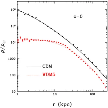Figure 4. Phase-space density profile for the CDM, WDM3 and WDM5 models at z = 0.