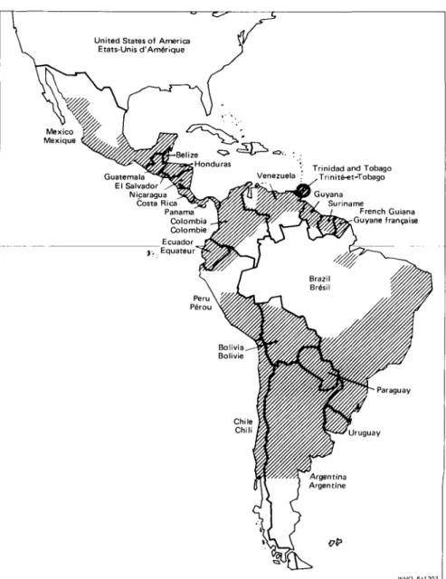 Fig. 6. Approximate distribution of Chagas' disease in the region of the Americas (WHO, 1985).