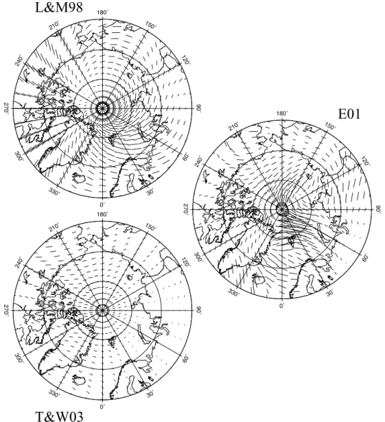 Figure 1. 2ζ direction of fastest propagation, 1/2 atan( 2 / 1 ), shown with a stereographic projection around the North Pole, as mapped by Laske &amp; Masters (1998) (L&amp; M98) from 80 s Rayleigh wave surface wave observations, and Ekstr¨om (2001) (E01)