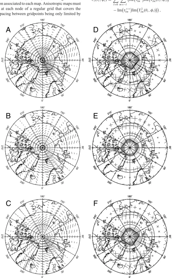 Figure 3. (a) 2 ζ direction of fastest propagation around the North Pole, from Ekstr¨om (2001); (b) the same image, described as a sum over generalized spherical harmonics, up to degree 20; (c) same as (b), up to degree 29; (d), (e) and (f) are the same as