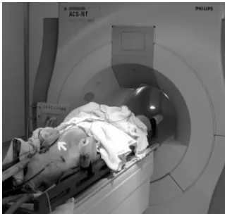 Figure 1 The animal was placed feet ﬁrst, lying supine, into the scanner. It was possible to interrogate and program the pacemaker using a modiﬁed programmer head (white arrow) in the position shown above