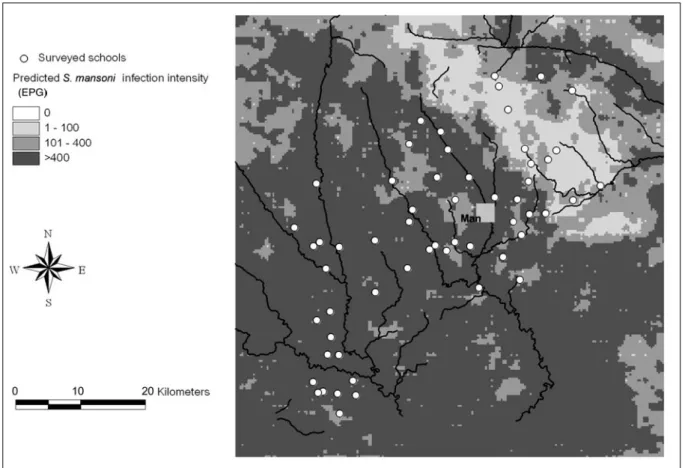 Fig. 3. Prediction error of S. mansoni infection intensity based on the Bayesian geostatistical ZINB model.