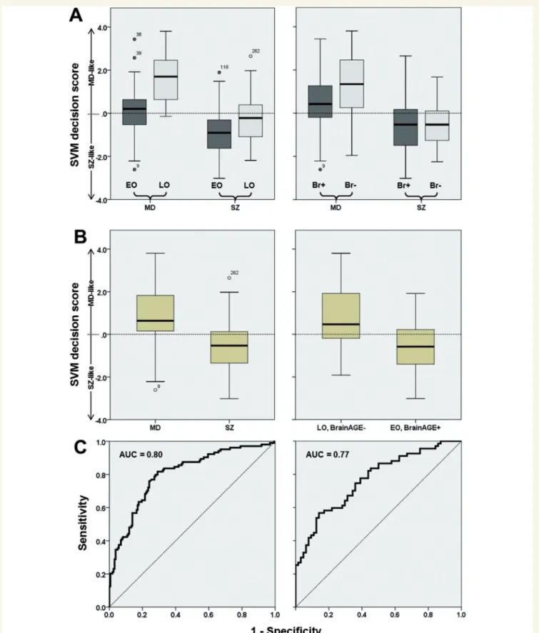 Figure 2 Box plot and receiver operator characteristics analyses comparing the separability of diagnosis-based versus age of onset and BrainAGE-based patient groups