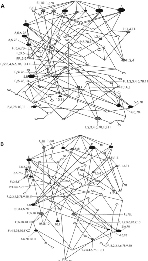 Figure 1 Most parsimonious TCS network depicting the relationships among ORN response patterns to the 11 tested fruit volatile compounds for (A) F 2 / backcross parent-like ﬂight tunnel behavior (F 2 /BC P) and (B) F 2 /backcross hybrid-like ﬂight tunnel b